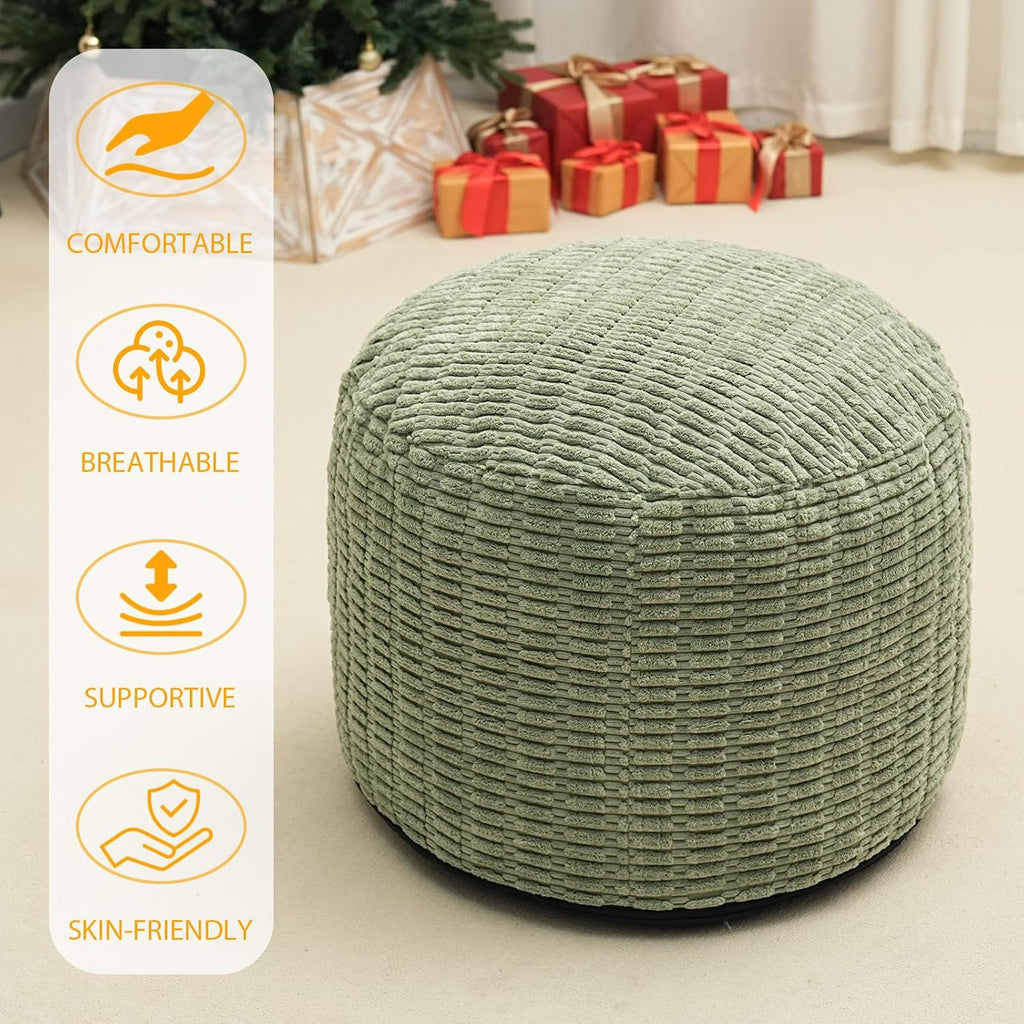 Round Stuffed Pouf Ottoman for Foot Rest 20" X 15" Faux Fur Poufs, Green | Storage Ottoman Pouf Foot Stool Cushion with Foam Chunk Filling, Floor Chair for Living Room Bedroom Home Decor