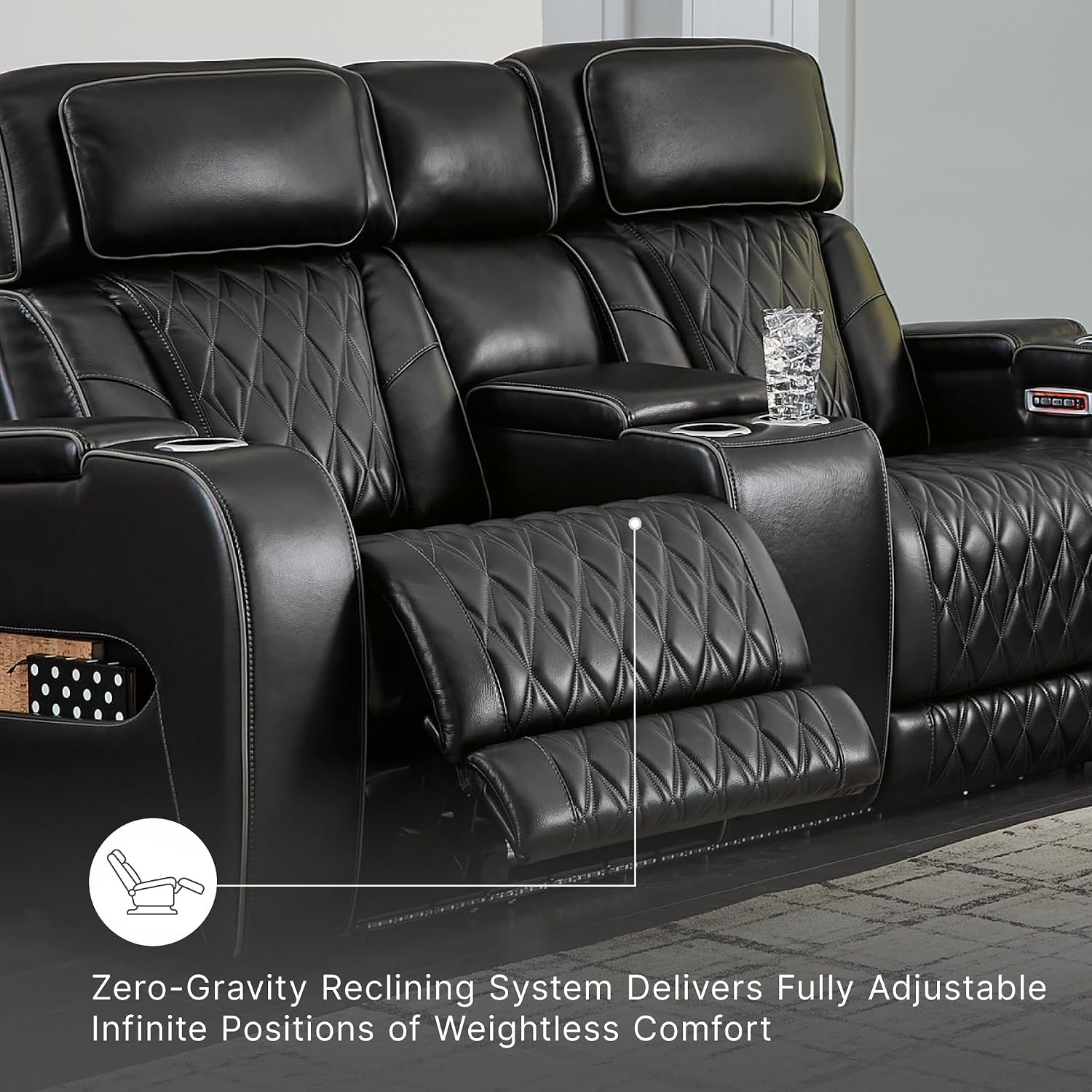 Signature Design by Ashley Boyington Power Reclining Loveseat with Console | A combination of leather and faux leather, Zero-gravity power recline, Air massage system and heat, USB storage console
