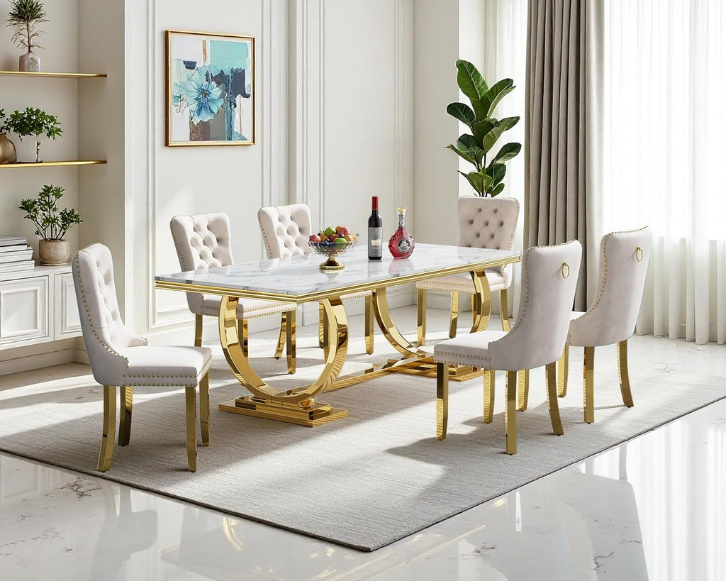 7 Piece Dining Table Set, White Faux Marble Dining Table with 6 Beige Velvet Dining Chairs, 68.11" Kitchen Table and Chair Set with Gold Stainless Steel Base, Luxury Dining Table Set for Kitchen