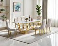 7 Piece Dining Table Set, White Faux Marble Dining Table with 6 Beige Velvet Dining Chairs, 68.11" Kitchen Table and Chair Set with Gold Stainless Steel Base, Luxury Dining Table Set for Kitchen