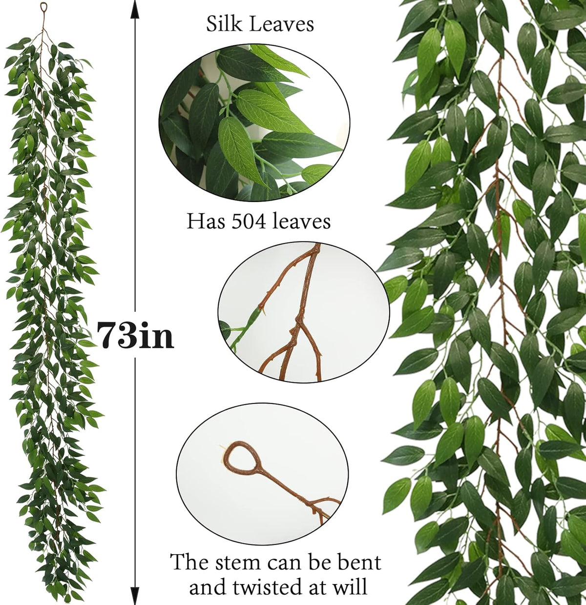 3 Strands Italian Ruscus Artificial Vines, 73" Silk Vine Garland with Green Leaves, Fake Hanging Plants Greenery Decor for Home, Bedroom, Wall, Party, Wedding Decoration