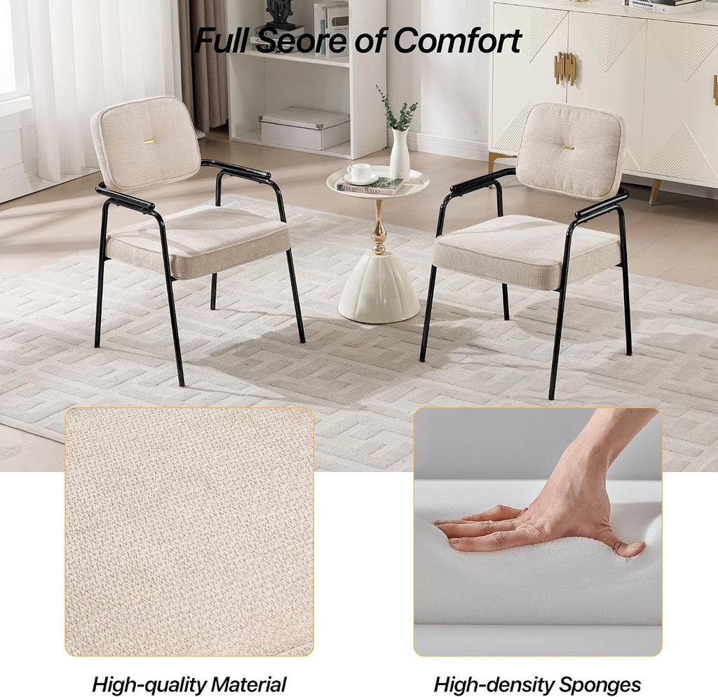 HENGJIANYI Accent Chair Dining Chair Set of 2, Chenille Upholstered Armchair Reading Side Chair, Comfy Living Room Chair with Black Metal Legs for Bedroom Waiting Room, Beige