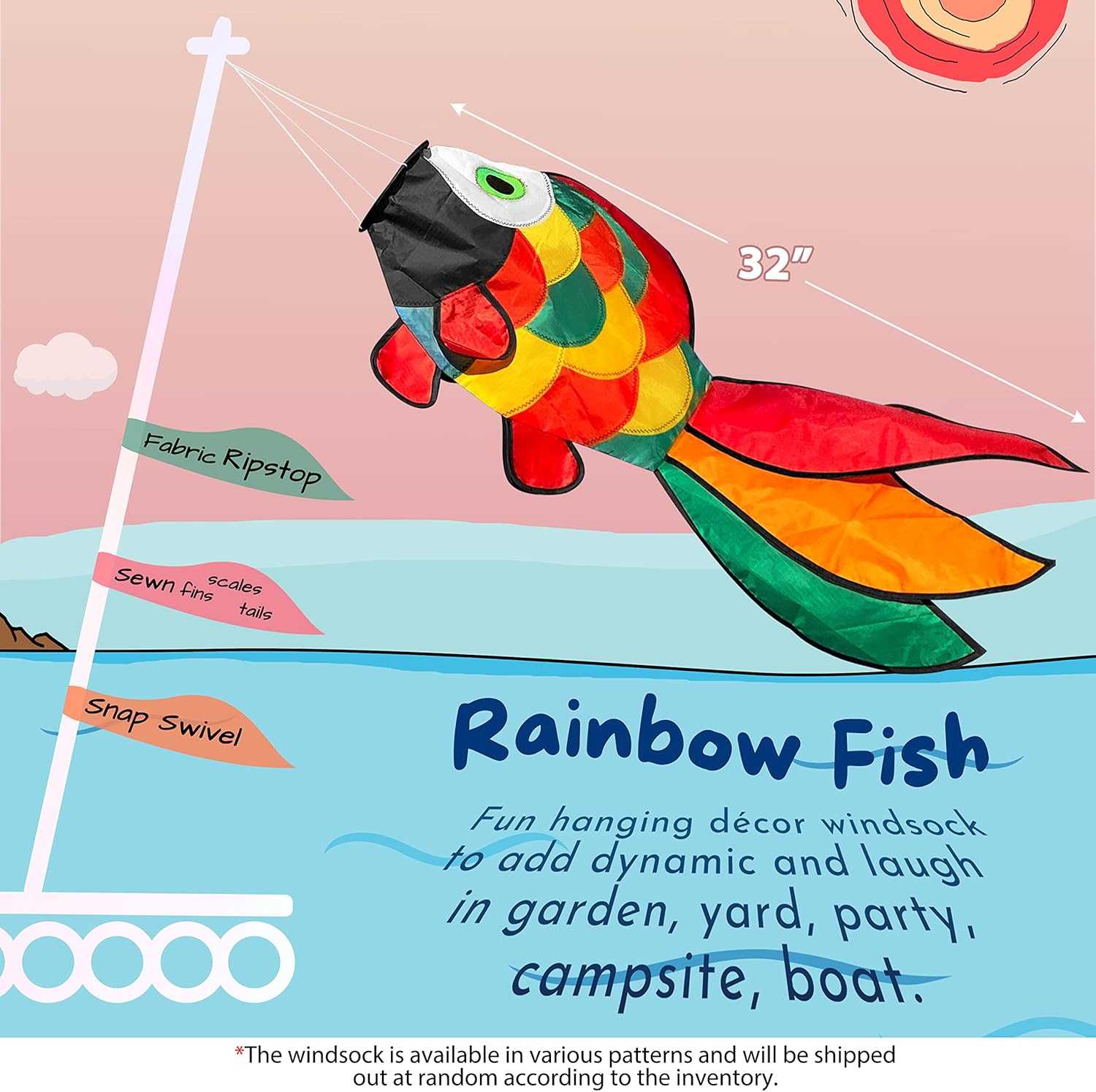 emma kites Cute Rainbow Fish Windsock Spinner Spiral 32-inch