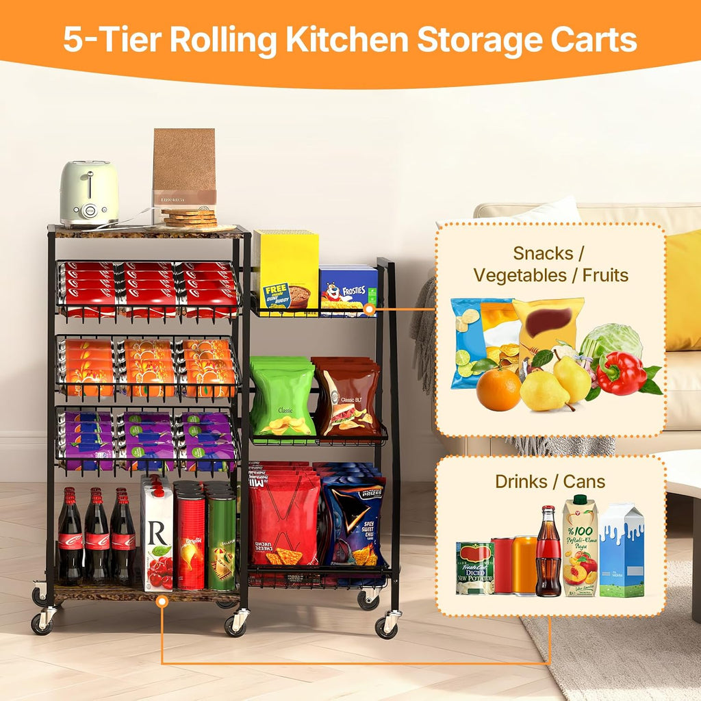 Pinzoveco 5-Tier Rolling Kitchen Storage Carts, Snack Cart with Wheels, Fruit Organizer（Fruit Basket Rolling Cart, Vegetable Holder for Kitchen, Holds Soda Drinks, Cans, Snacks, Onions, Potatoes