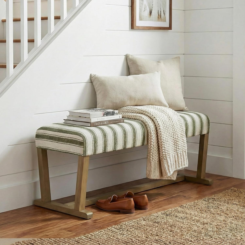 VKNOW 41" Upholstered Entryway Bench, End of Bed Bench with Cushion and Rubber Wood, Kitchen Dining Bench, Striped Bench for Dining Table, Bedroom, Living Room, Green