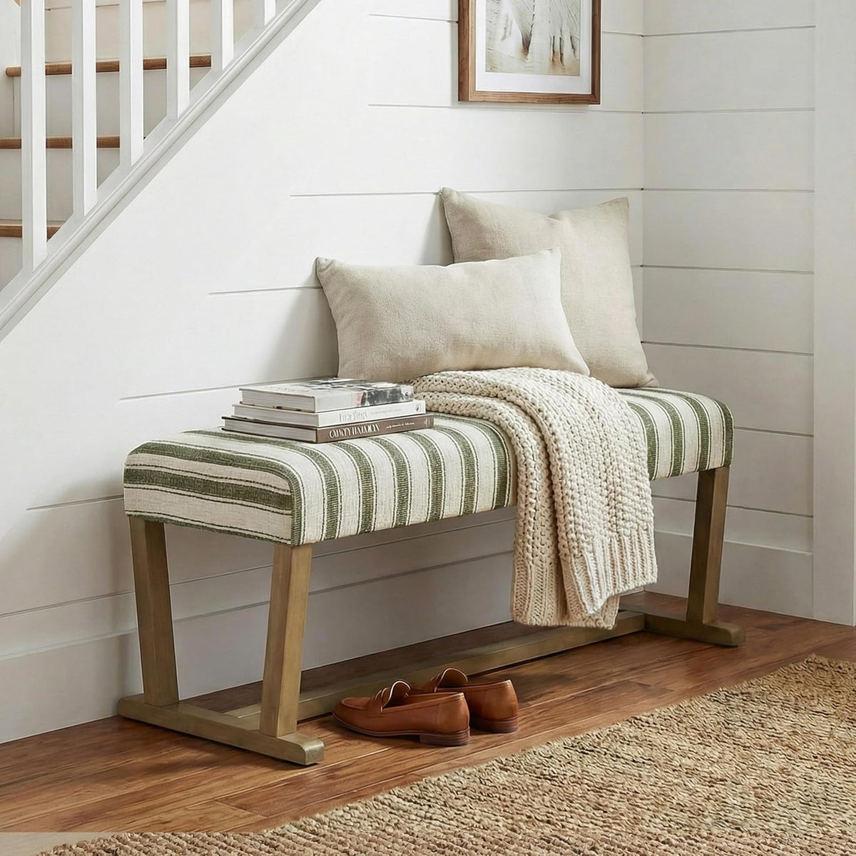 VKNOW 41" Upholstered Entryway Bench, End of Bed Bench with Cushion and Rubber Wood, Kitchen Dining Bench, Striped Bench for Dining Table, Bedroom, Living Room, Green