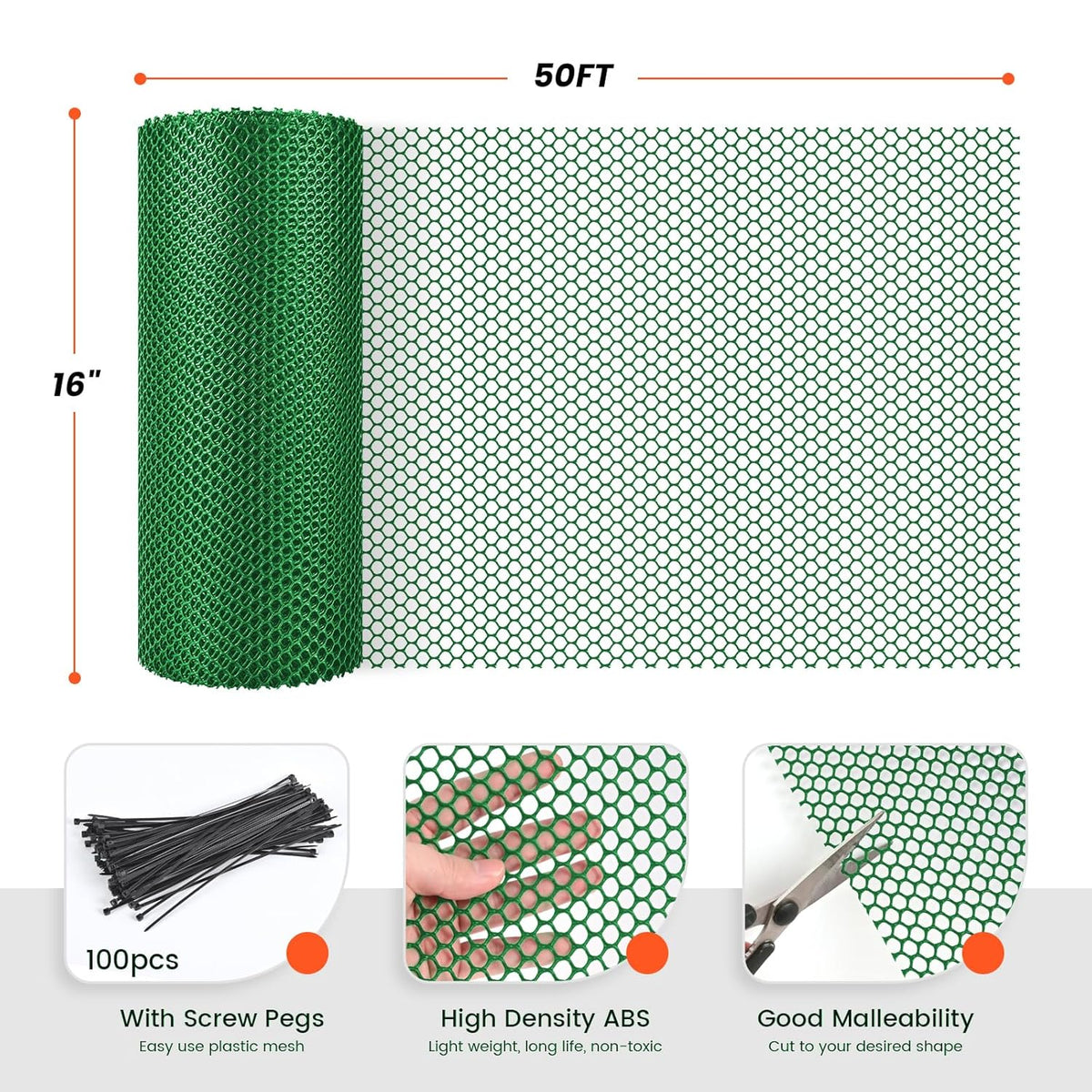 16IN x 50FT Plastic Chicken Wire Mesh, Chicken Wire for Floral Arrangements, Chicken Wire Mesh for Crafts with 100 Pcs Zip Ties, Mesh Fence for Dogs, Deers, Poultry