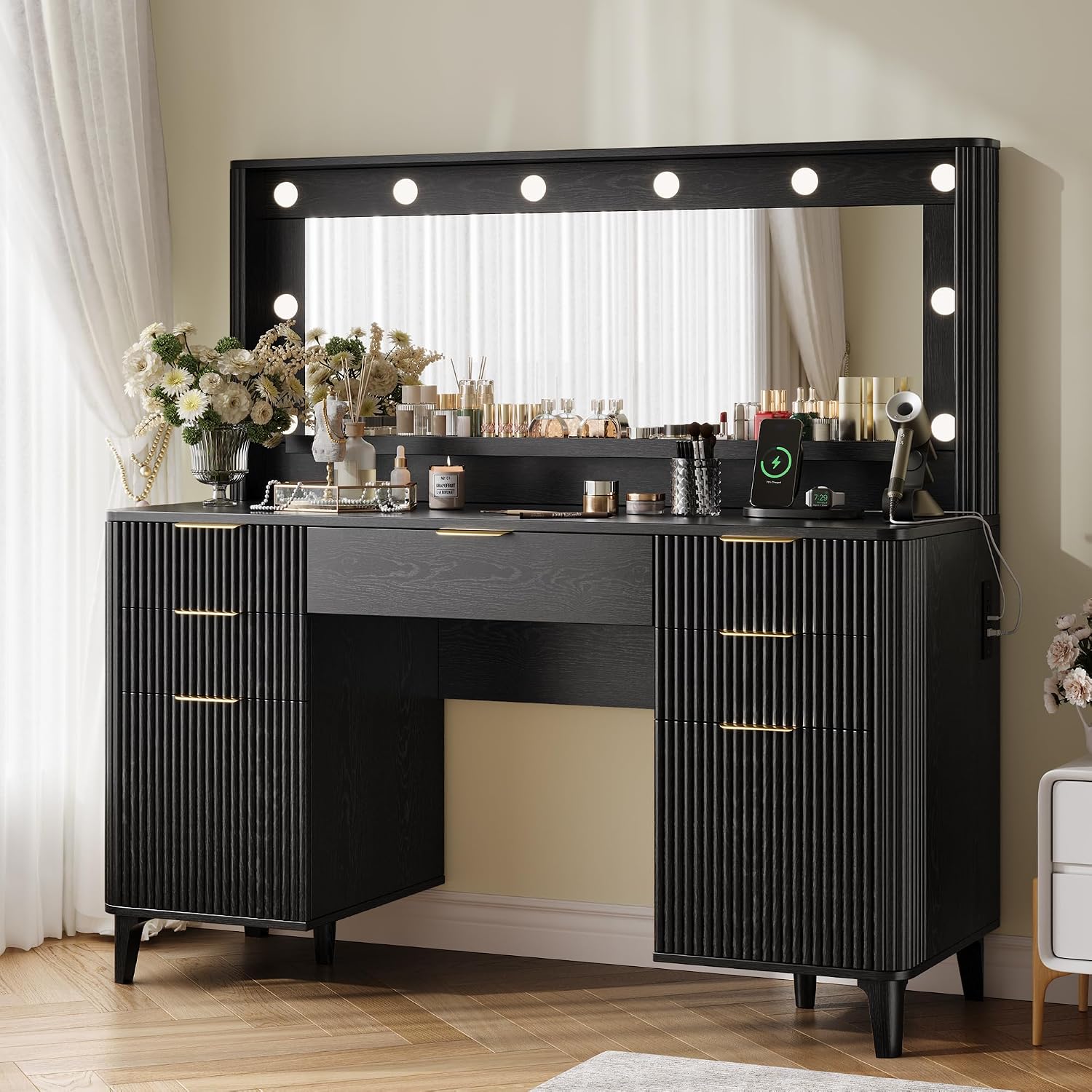 Fluted Makeup Vanity Desk with Large 39.3" Mirror and Lights, 48.8" Wood Vanity, Large Vanity Dressing Table, Modern Wooden Vanity Table for Women and Girls, Bedroom or Dorm (Inky Black)