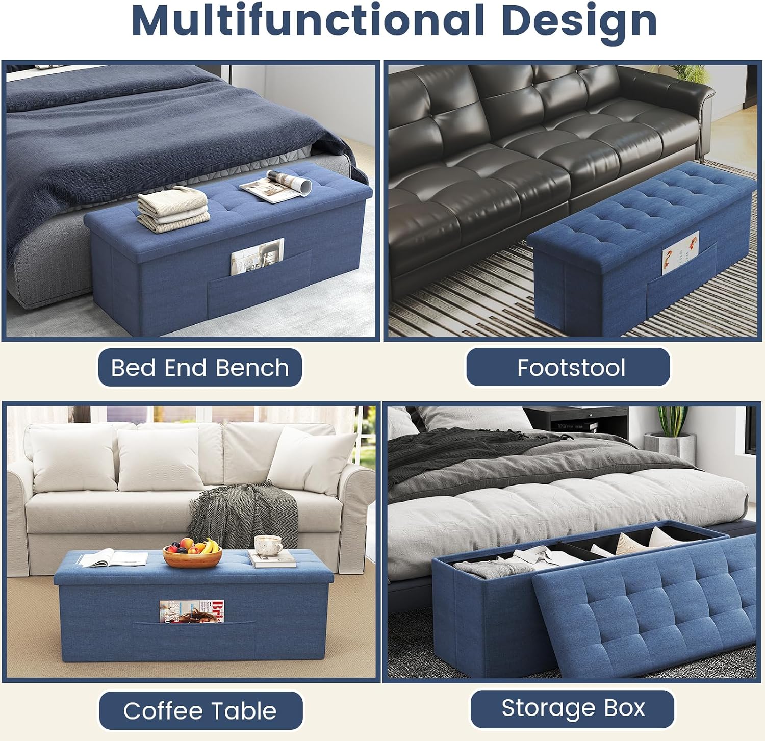 Giantex 43 Inches Folding Storage Ottoman Bench, Upholstered Storage Chest with Side Pocket, Divider, End of Bed Bench, Collapsible Ottoman Foot Rest for Living Room, Bedroom & Entryway (Navy)