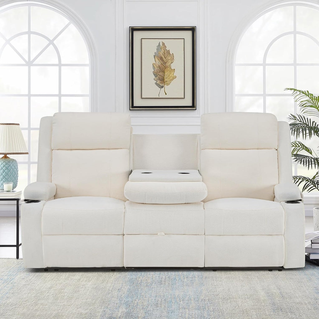 GUEAPY Large Manual Reclining Sofa 3-Seater Chenille Reclining Couch with Cup Holders, Wide Seat, Easy Assembly & Spill-Resistant Fabric Cozy Reclining Sofa for Living Room, Apartment, RV, Beige