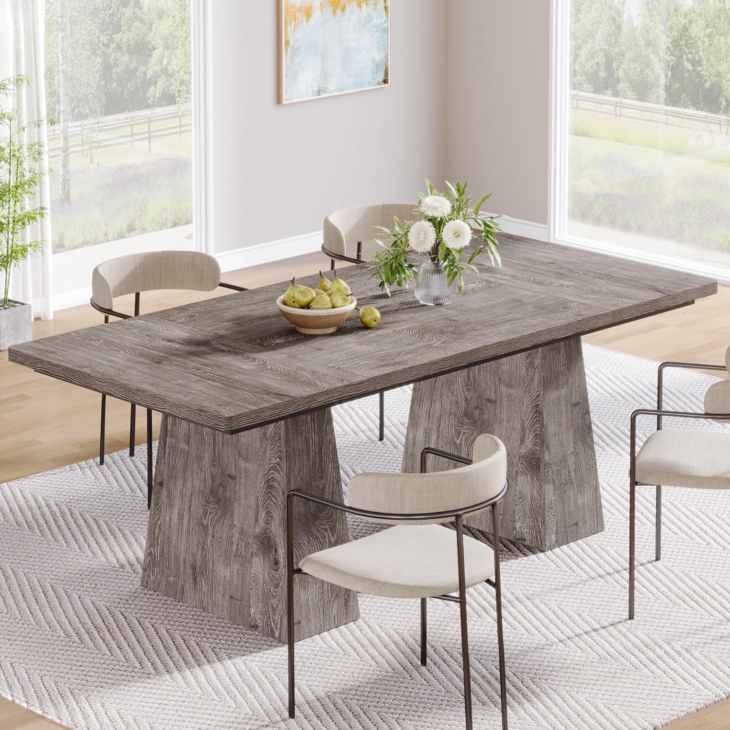 Tribesigns Dining Table for 6, Farmhouse Wood Dinner Rectangular Table Kitchen Table with Double Pedestal, 63" L x 31.5" W x 30" H, Grey