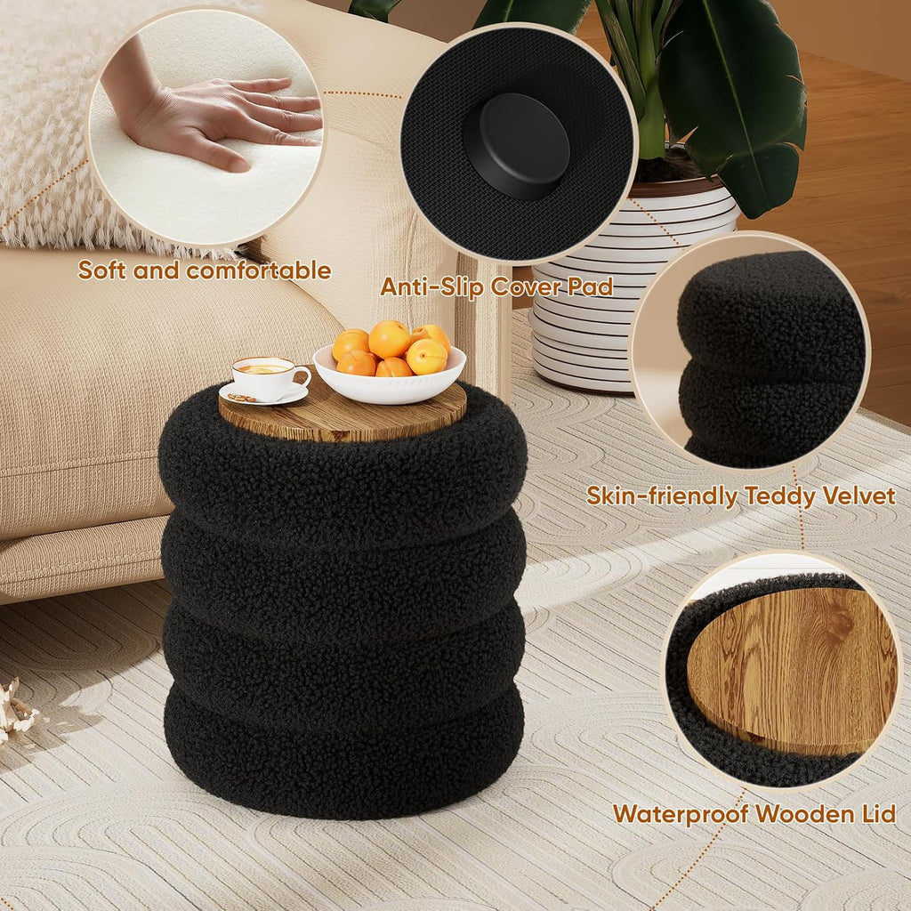 Soft Teddy Round Ottoman with Tray, 17.5 Inches Ottoman Coffee Table with Storage for Living Room, Vanity Stool with Storage Bedroom, Load up to 300 lb, No Assembly Required (Black)
