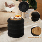 Soft Teddy Round Ottoman with Tray, 17.5 Inches Ottoman Coffee Table with Storage for Living Room, Vanity Stool with Storage Bedroom, Load up to 300 lb, No Assembly Required (Black)