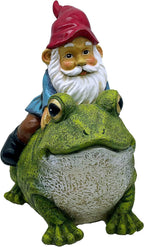 Garden Gnome Riding on Frog, Outdoor Garden Gnomes, Lawn Gnome Statue Sculpture