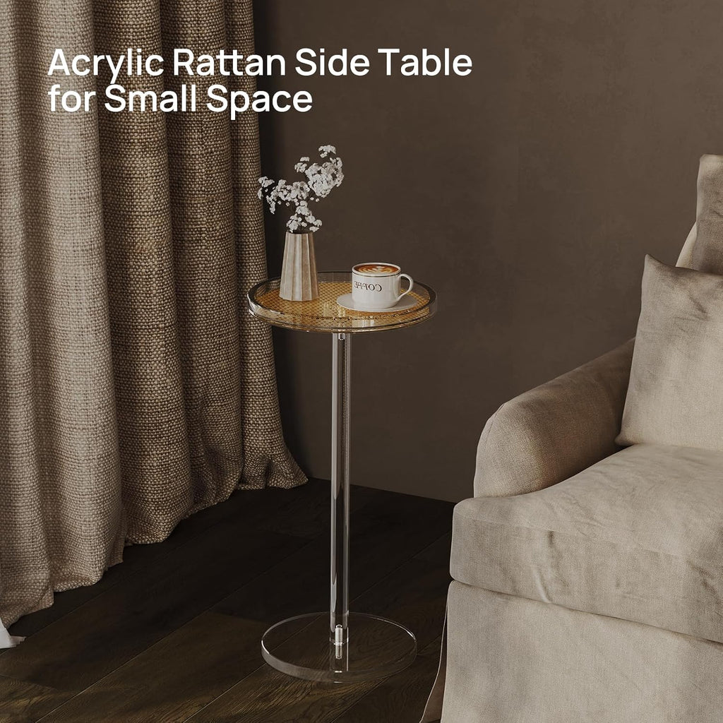 HMYHUM Acrylic Rattan Drink Table for Small Spaces, 11.8'' L x 11.8'' L x 24'' H, Round Coffee Martini Drink Side Table with Pedestal for Living Room, Corners, Sofa, Clear, Easy Assembly
