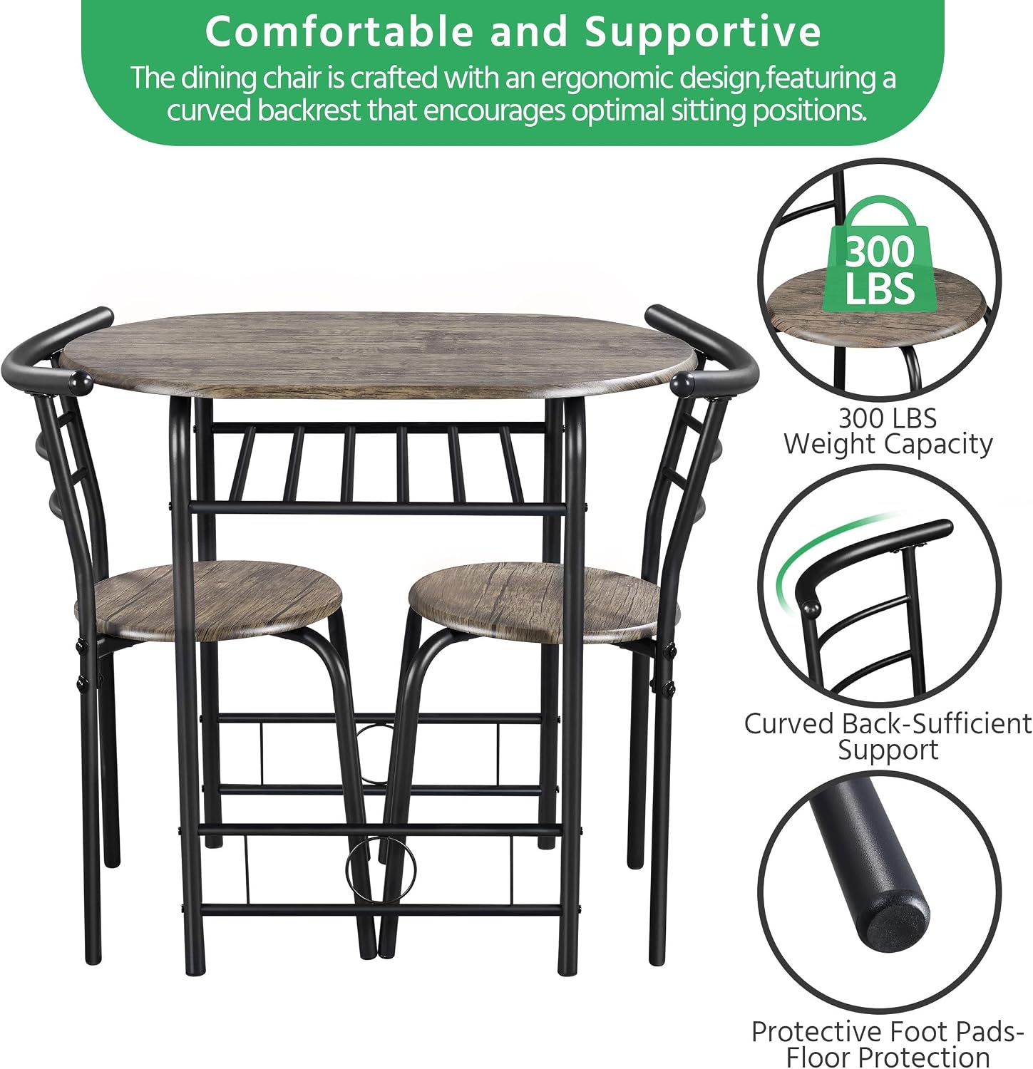 Yaheetech 3 Piece Dining Table Set for 2 Small Table and Chairs Drift Brown | Compact Breakfast Table and Chairs, Space Saving MDF Tabletop and Iron Frame with Chairs, for Kitchen/Apartment/Small Space