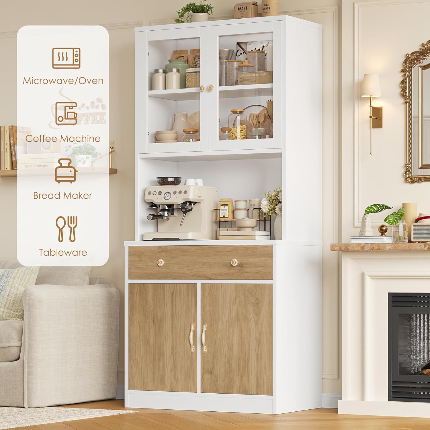 Keyluv 71" Tall Kitchen Pantry Storage Cabinet with Microwave Stand, Modern Kitchen Hutch with Countertop, Wood Coffee Buffet Hutch with Glass Doors, Drawer, Adjustable Shelves for Dining Room, Khaki