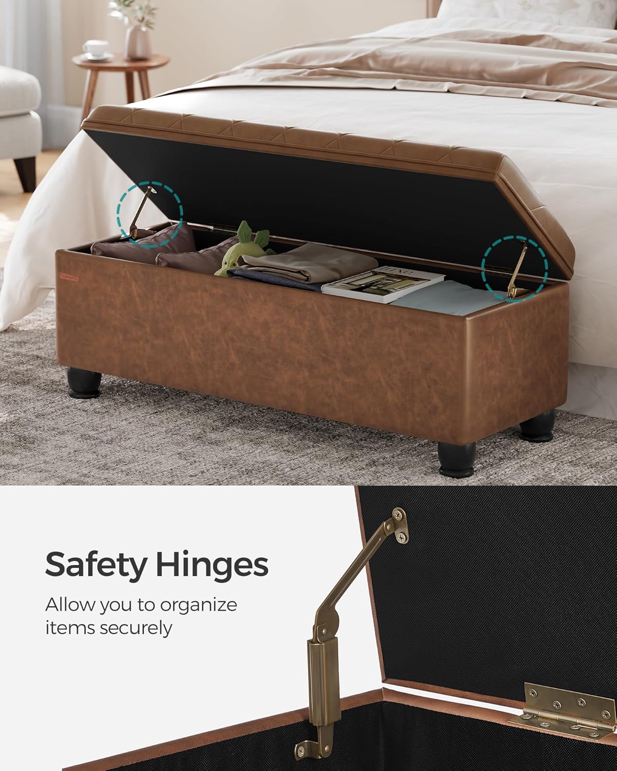 SONGMICS Storage Ottoman, 46.5 Inches Long Bed End Stool, Solid Wood Legs | Buttons Decoration, Non-Slip Foot Pads, 330.7 lb Load Capacity, Coffee Brown, MACEO Collection ULOM071K01