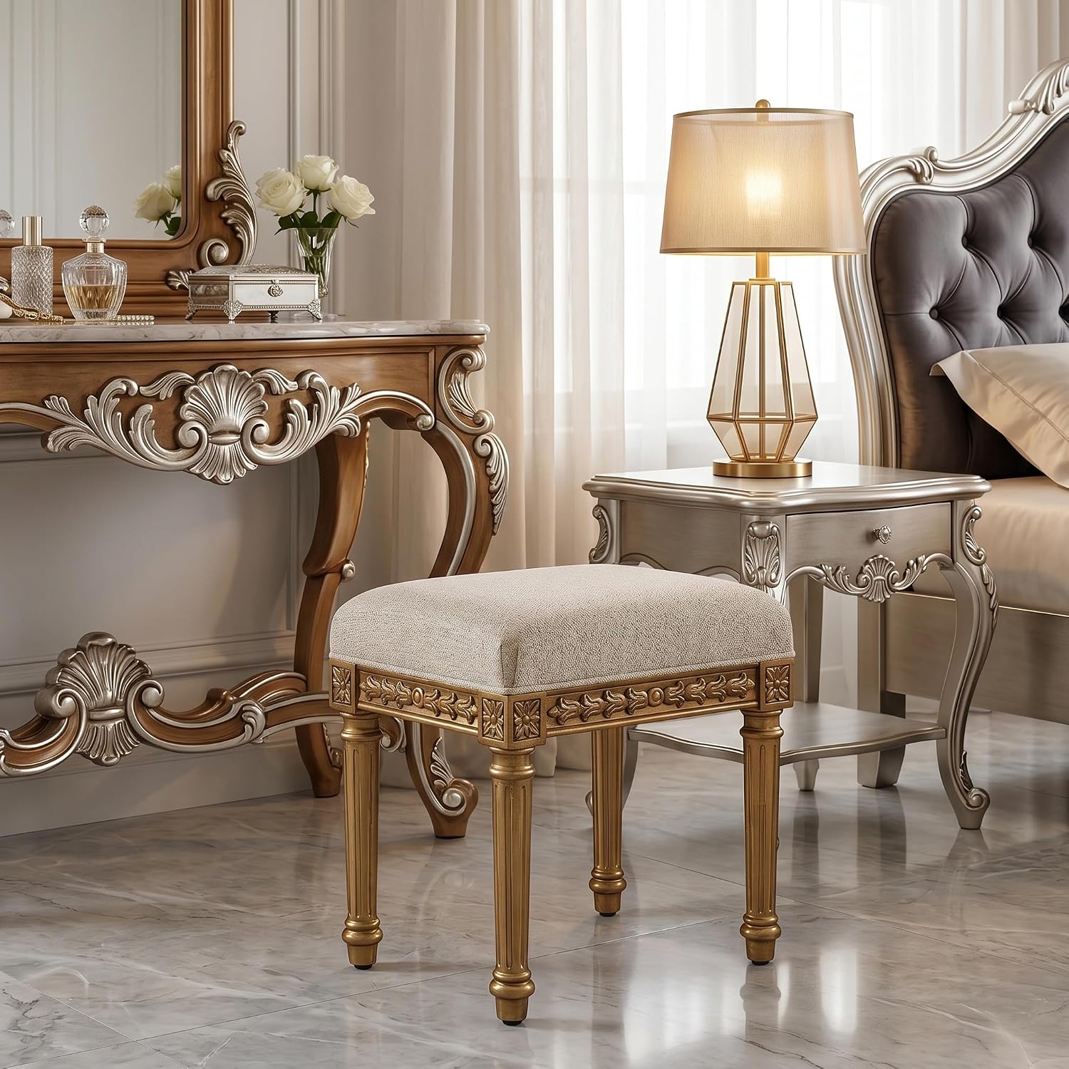 Vanity Stool, French Vintage Square Stool with Cushion, Round Tufted Upholstered for Living Room Dining Room Entryway, Makeup Foot Ottomans