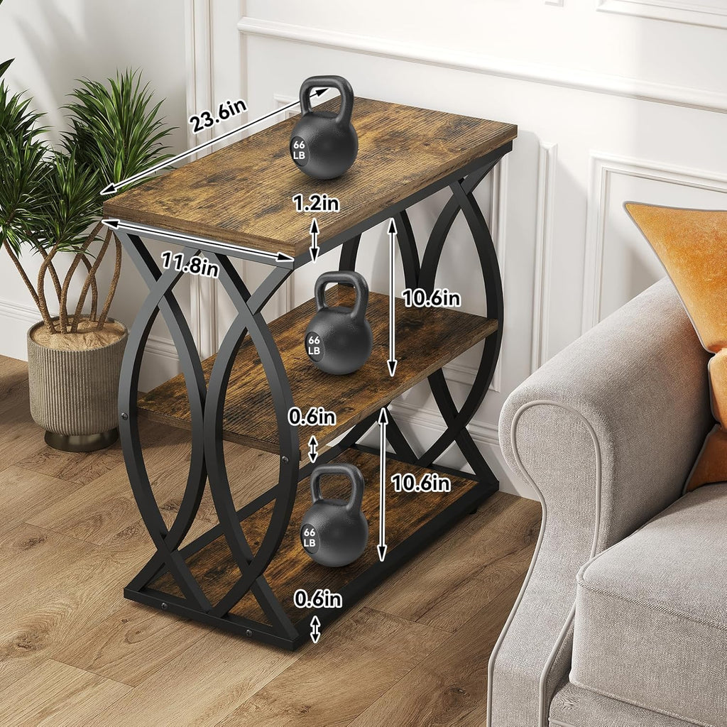 End Table, Narrow Side Table, 3-Tier End Table with Metal Frame, Living Room Side Table with Storage for Couch, Sofa, Bedroom, Small Spaces, Easy Assembly, 23.6"D*11.8"W*23.6"H, Rustic Brown
