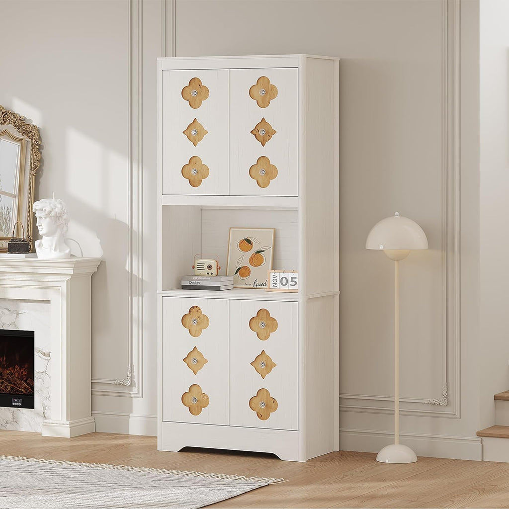 IDEALHOUSE Mid Century Modern Kitchen Pantry Cabinet, 72" Tall Storage Cabinet with Microwave Shelf, Wooden Freestand Cupboard with Carved Flower Door & Crystal Handle, for Dining Room