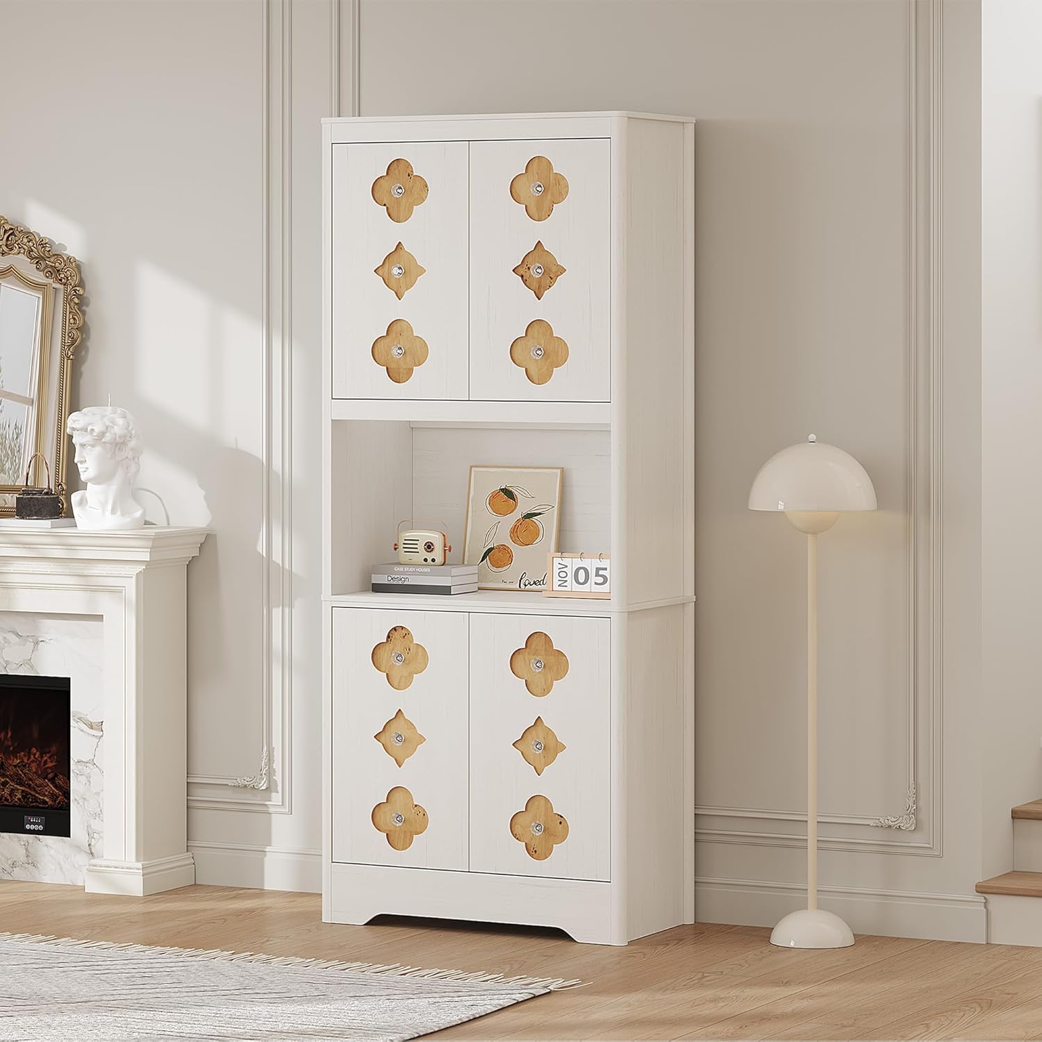 IDEALHOUSE Mid Century Modern Kitchen Pantry Cabinet, 72" Tall Storage Cabinet with Microwave Shelf, Wooden Freestand Cupboard with Carved Flower Door & Crystal Handle, for Dining Room