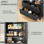 Arched Cabinet with Glass Doors, 71" Tall Freestanding Pantry Cabinet with 2 Large Drawers and Adjustable Shelf, Farmhouse Wood Storage Cabinets, Versatile Cupboard for Kitchen, Dining Room, Black