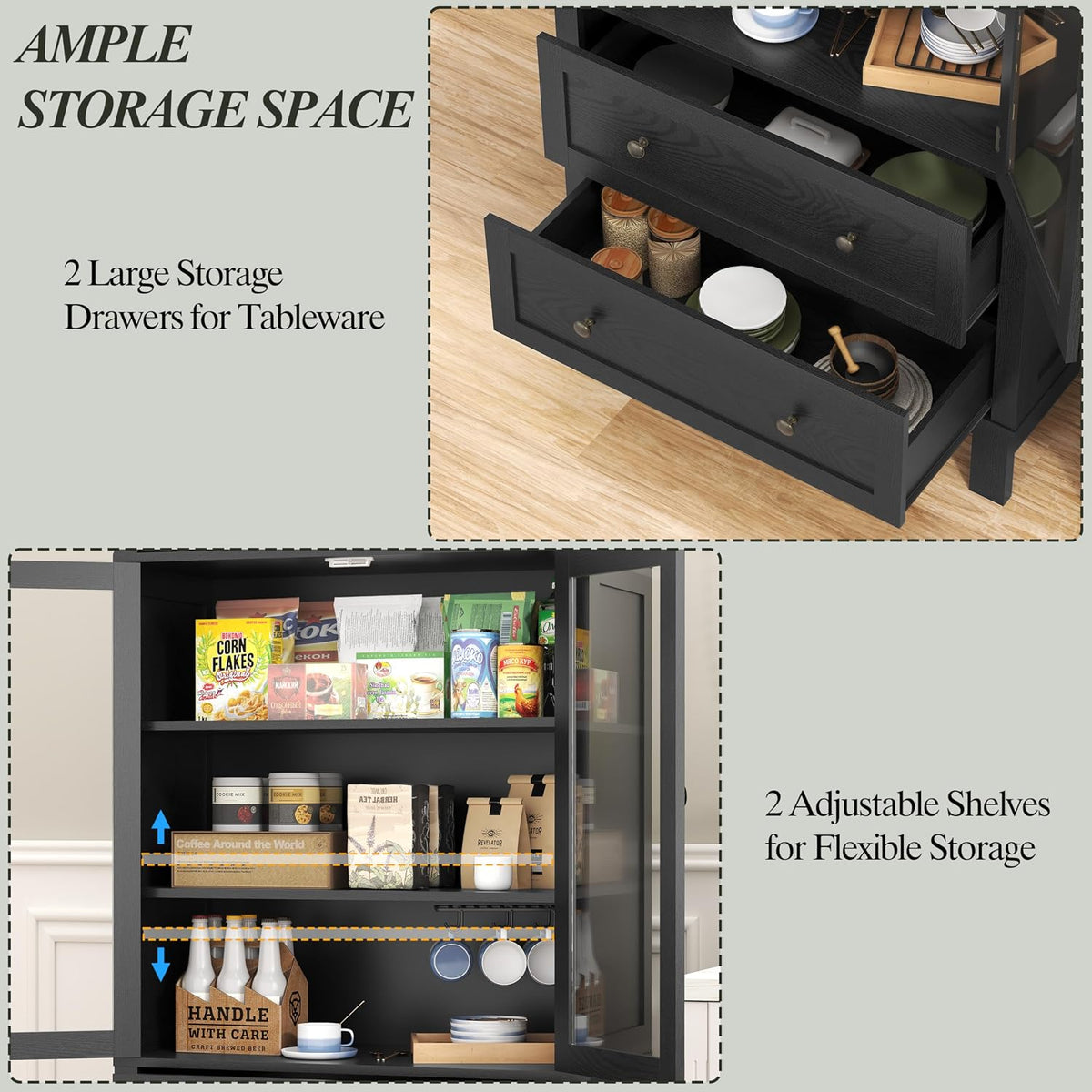 Arched Cabinet with Glass Doors, 71" Tall Freestanding Pantry Cabinet with 2 Large Drawers and Adjustable Shelf, Farmhouse Wood Storage Cabinets, Versatile Cupboard for Kitchen, Dining Room, Black