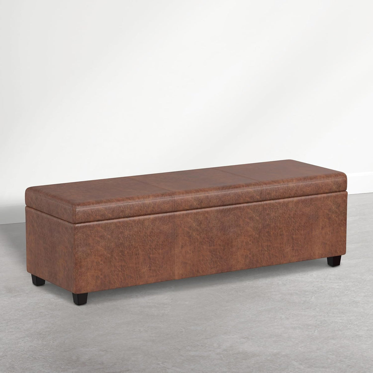 SIMPLIHOME Avalon 54" Vegan Leather Ottoman in Distressed Pecan Brown