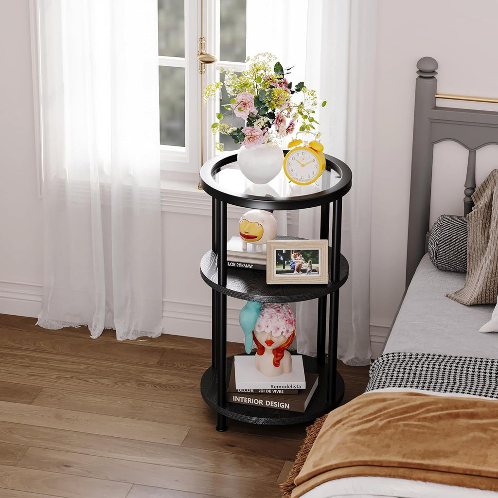 Homeiju Glass Side Table, 3-Tier Glass End Table with Adjustable Feet, Bedside Table for Small Space for Living Room, Balcony, Bedroom, Black