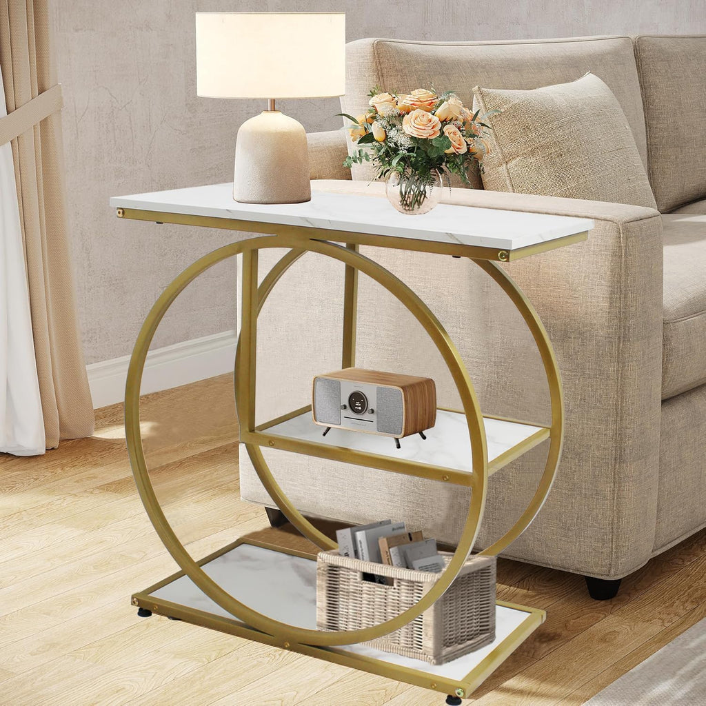 AT-VALY Pair of 2 Side Table with Storage Shelves,3-Tier End Table, Small Sofa Side Table for Living Room, Bedroom (Gold)