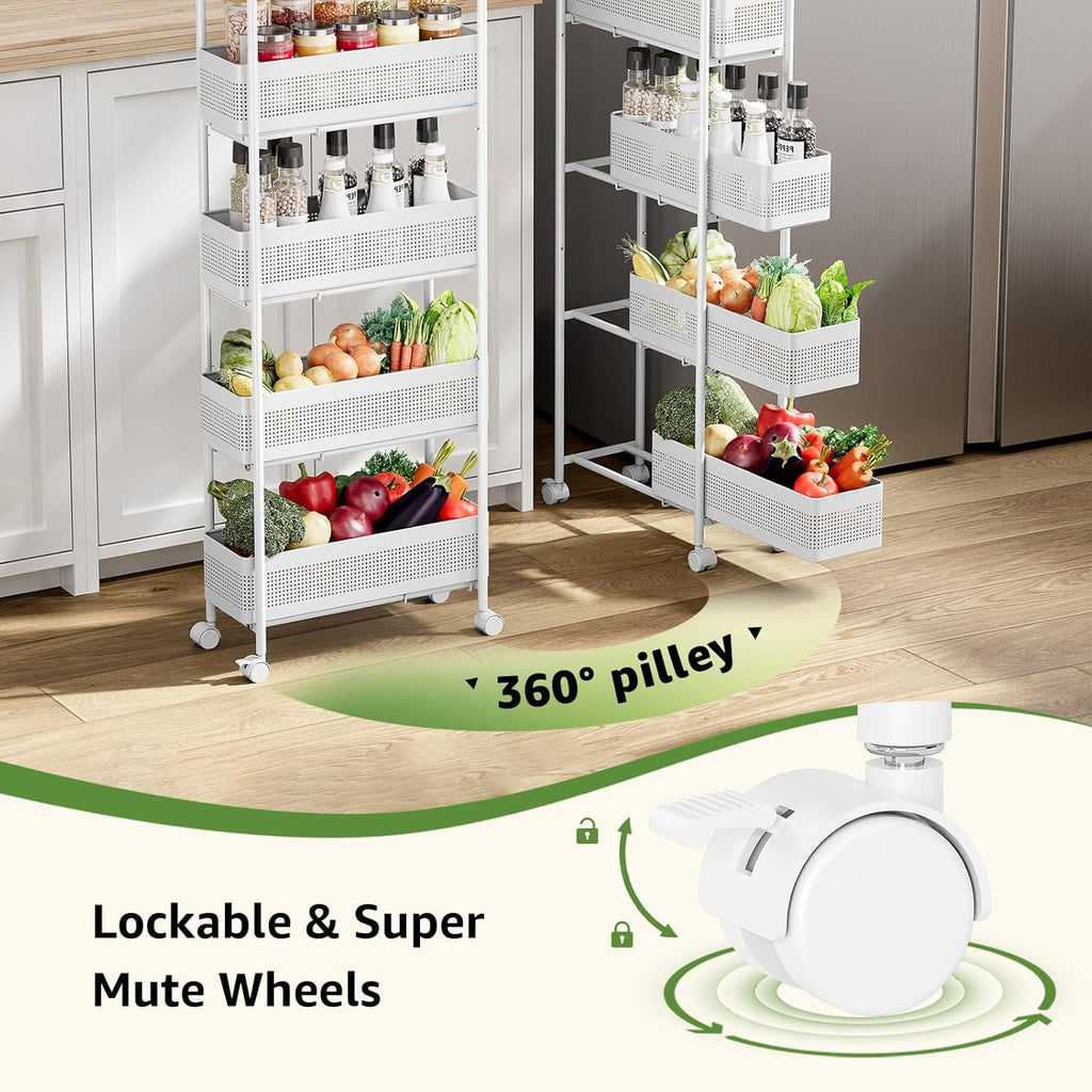 KINGRACK 5-Tier Slim Storage Cart with Pull Out Basket, Rolling Bathroom Organizer Utility, Metal Shelving Unit Slide Out, Lockable Wheels, Easy Assembly for Narrow Place, Kitchen, Laundry Room, White