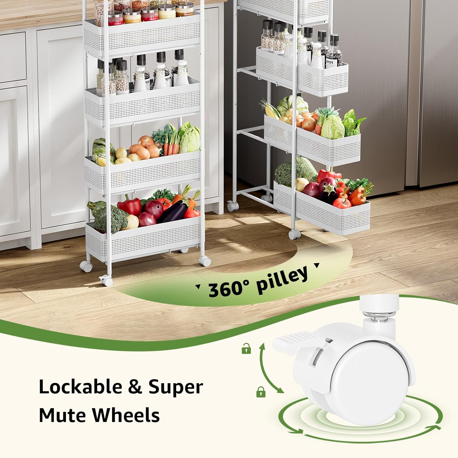 KINGRACK 5-Tier Slim Storage Cart with Pull Out Basket, Rolling Bathroom Organizer Utility, Metal Shelving Unit Slide Out, Lockable Wheels, Easy Assembly for Narrow Place, Kitchen, Laundry Room, White