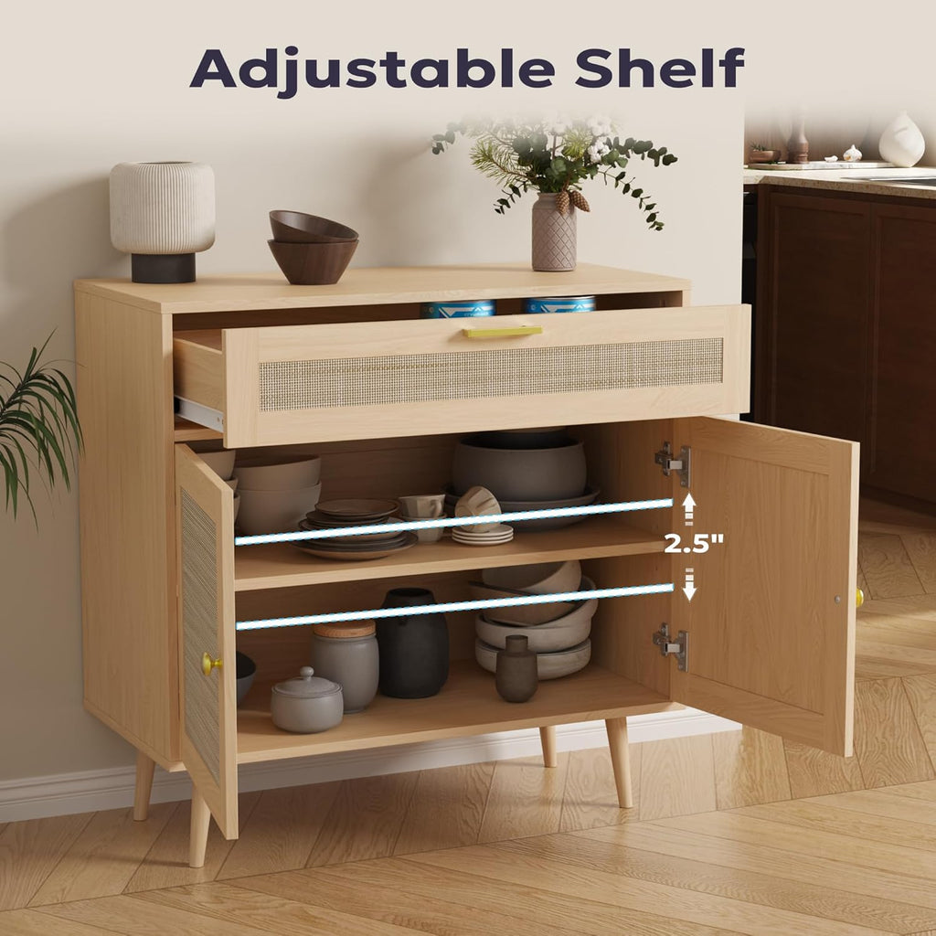 Furnify Rattan Sideboard Buffet, Boho Kitchen Cabinet with Drawer & 2 Doors, Modern Mid Century Accent Cabinet with Adjustable Shelf,Coffee Bar for Living Room, Entryway, Kitchen, Oak