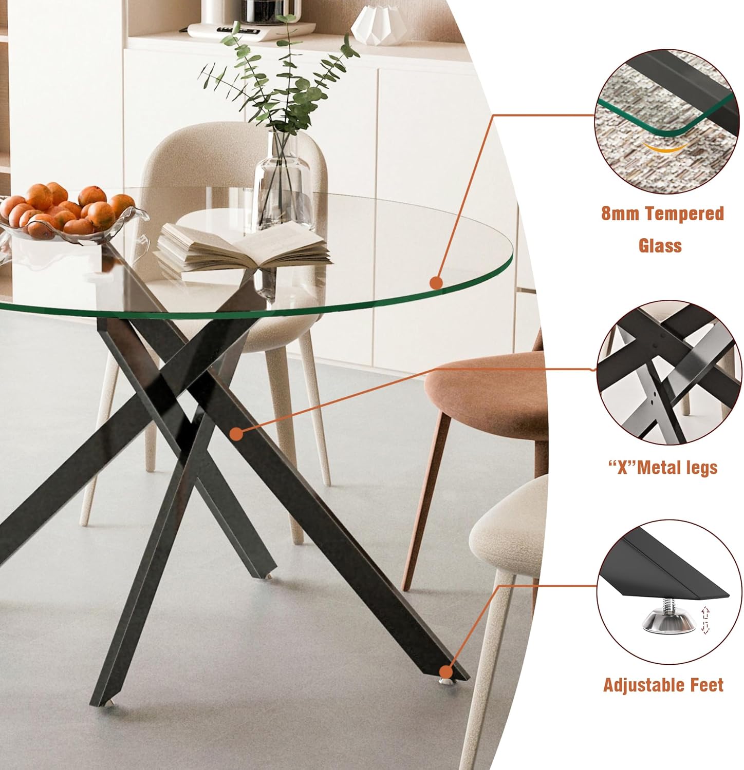 HomVent 47-inch Round Glass Dining Table for 4, Round Glass Kitchen Table with Metal Legs, Circle Dining Room Table for Space-Saving Kitchen Living Room