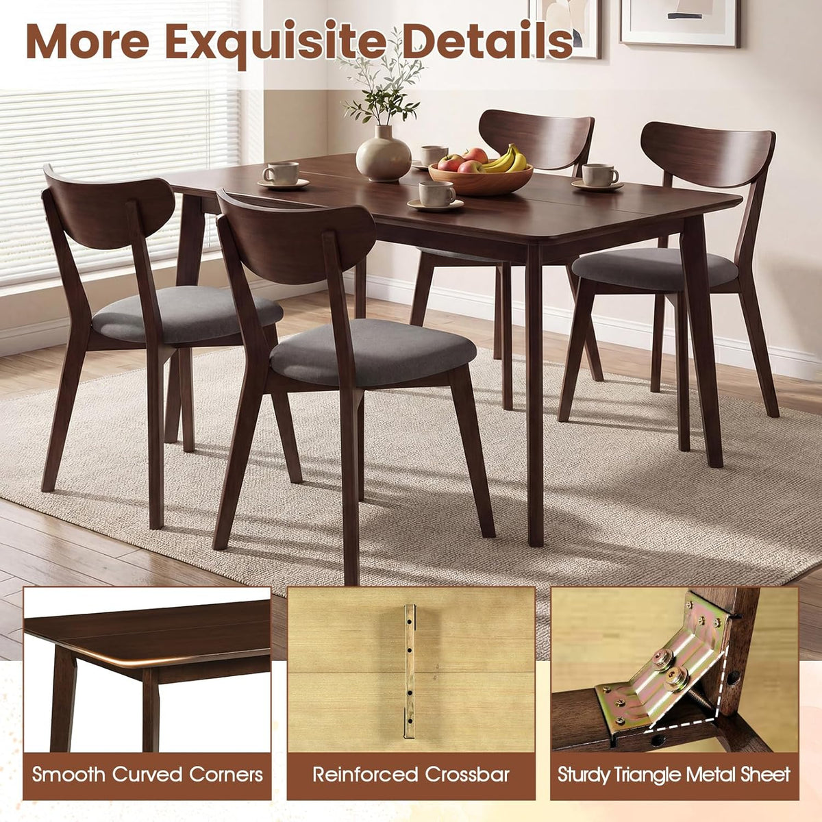 Giantex Dining Table for 4, 47" Rectangular Wooden Kitchen Table with Solid Rubber Wood Legs, Mid Century Modern Dinner Table for Dinette, Living Room, Home Office (Walnut)