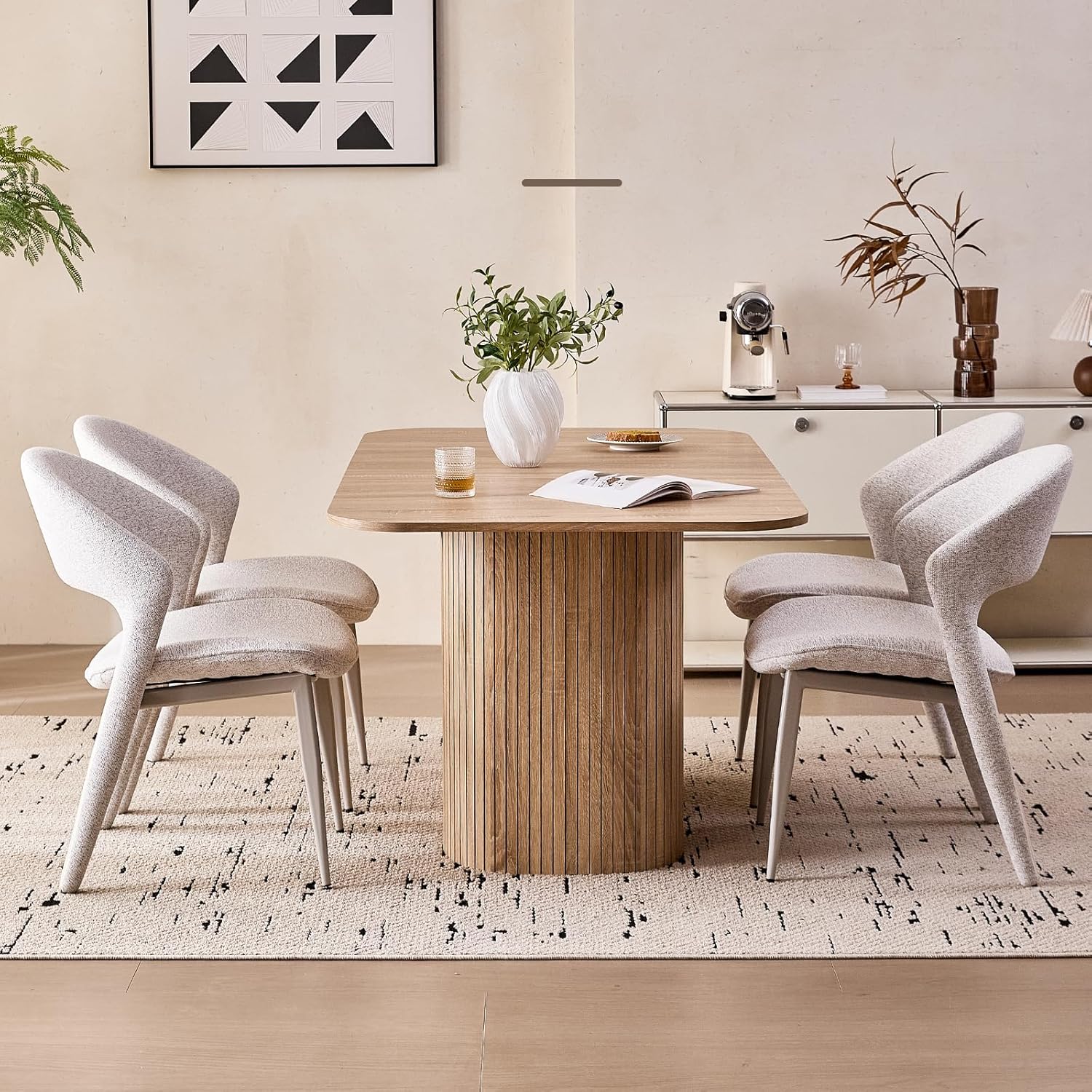 63" Large Dining Table for 4 6, [Rounded Corners] [Grooved Pedestal Base] Modern Rectangle Kitchen Dinner Dining Living Room Table