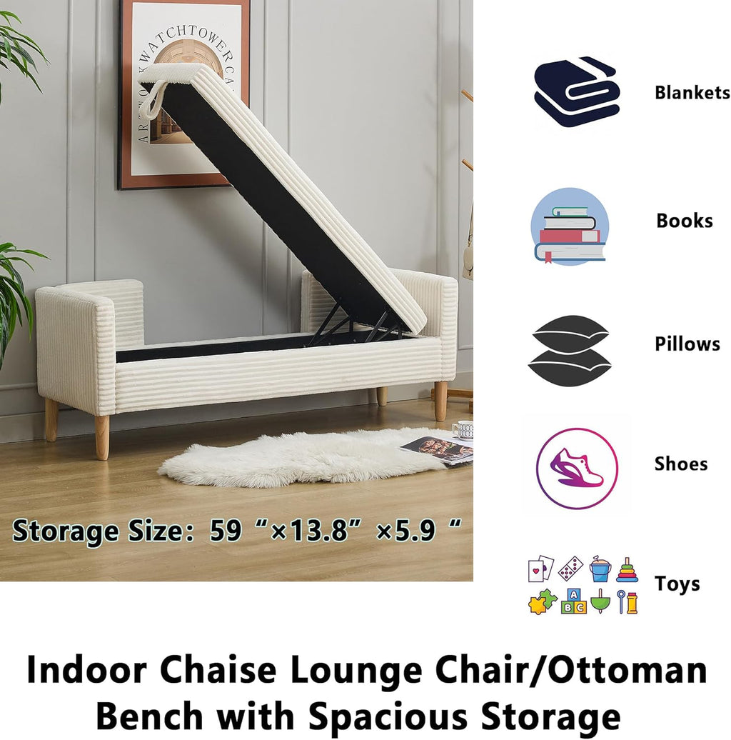 Corduroy Bed End Ottoman Bench with Storage,Upholstered Storage Benches with Back and Arms,65.35" Long Armed Storage Bench for Living Room,Bedroom,Entryway,Window (Ivory White, 65.35“)