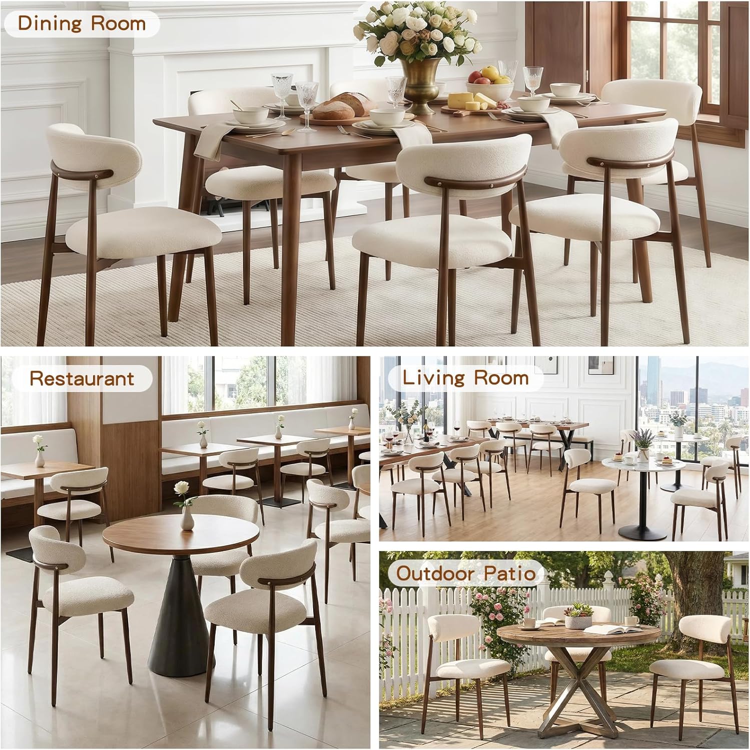 Furniliving Mid Century Modern Dining Chairs Set of 2, 300 lbs Capacity Upholstered Chenille Kitchen Chairs with Walnut Grain Metal Legs and Ergonomic Curved Back, Beige(Walnut/Chenille)