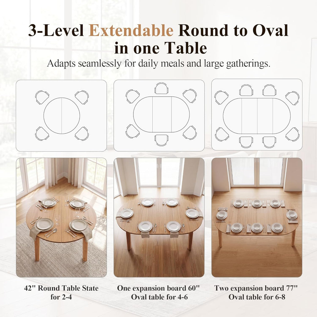 HNY Extendable Dining Table Round to Oval for 4-8, 42"-77" Oak Veneer Kitchen Table with Sturdy Legs, Modern Farmhouse Expandable Dining Room Table for Family Gatherings & Small Apartments, Natural
