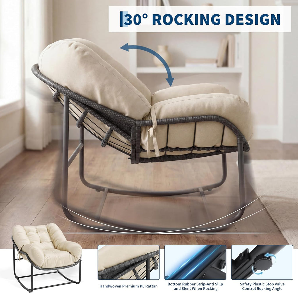 Litake Oversized Egg Shaped Wicker Outdoor Rocking Chair, Papasan Rocking Chair, Patio Rocker with Soft Removable Cushion, Reinforced Frame, Weather-Resistant – Ideal for Balcony, Porch, Garden