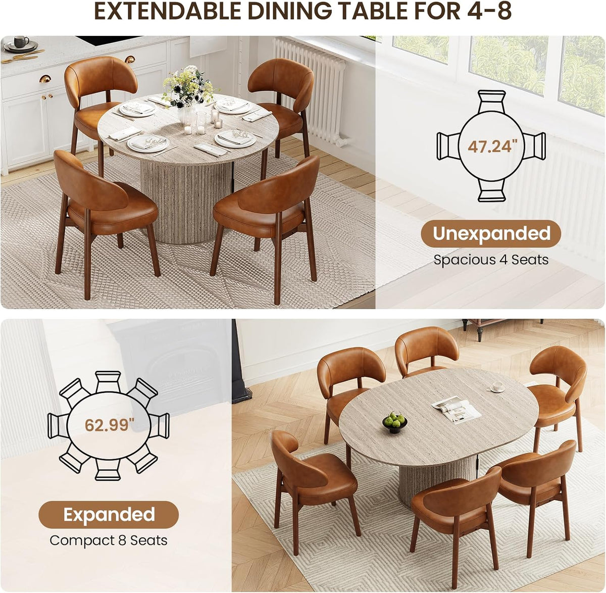 MALOL 47"-63" Extendable Round to Oval Dining Room Table Chairs Set for 4-8, Modern Wooden Kitchen Table and Chairs with Hidden Storage and Fluted Design for Dining Room/Small Space(White and Brown)