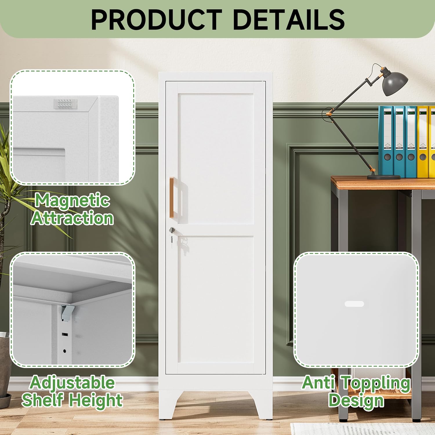 46" Tall Metal Pantry Cabinet, Kitchen Pantry Storage Cabinets with 1 Door and 2 Adjustable Shelves, Small Bathroom Cabinet,Cupboard for Kitchen, Dining Room- Assembly Required/White