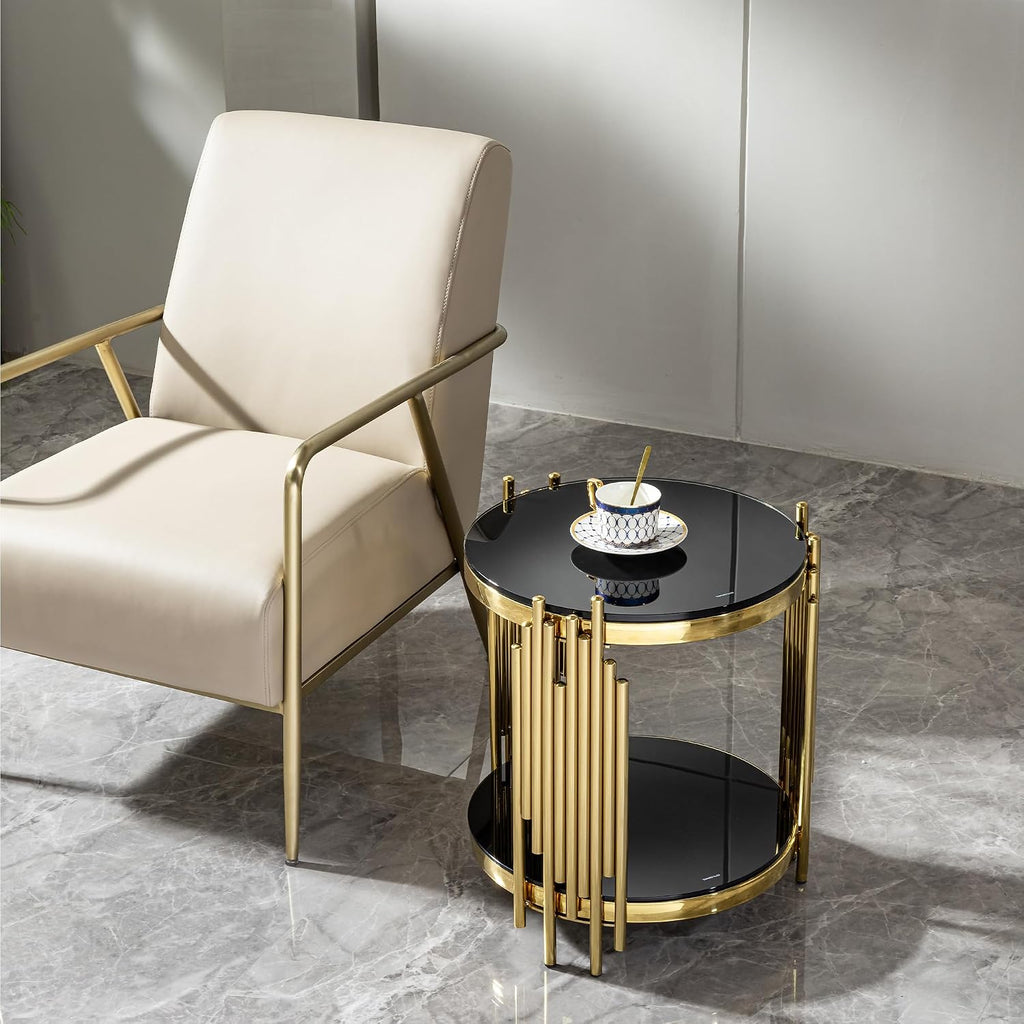 Gold Black End Table with Golden Stainless Steel Frame,Modern Glass Bedside Nightstand Table,Glass Cocktail Small Living Room Coffee Table