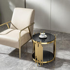 Gold Black End Table with Golden Stainless Steel Frame,Modern Glass Bedside Nightstand Table,Glass Cocktail Small Living Room Coffee Table