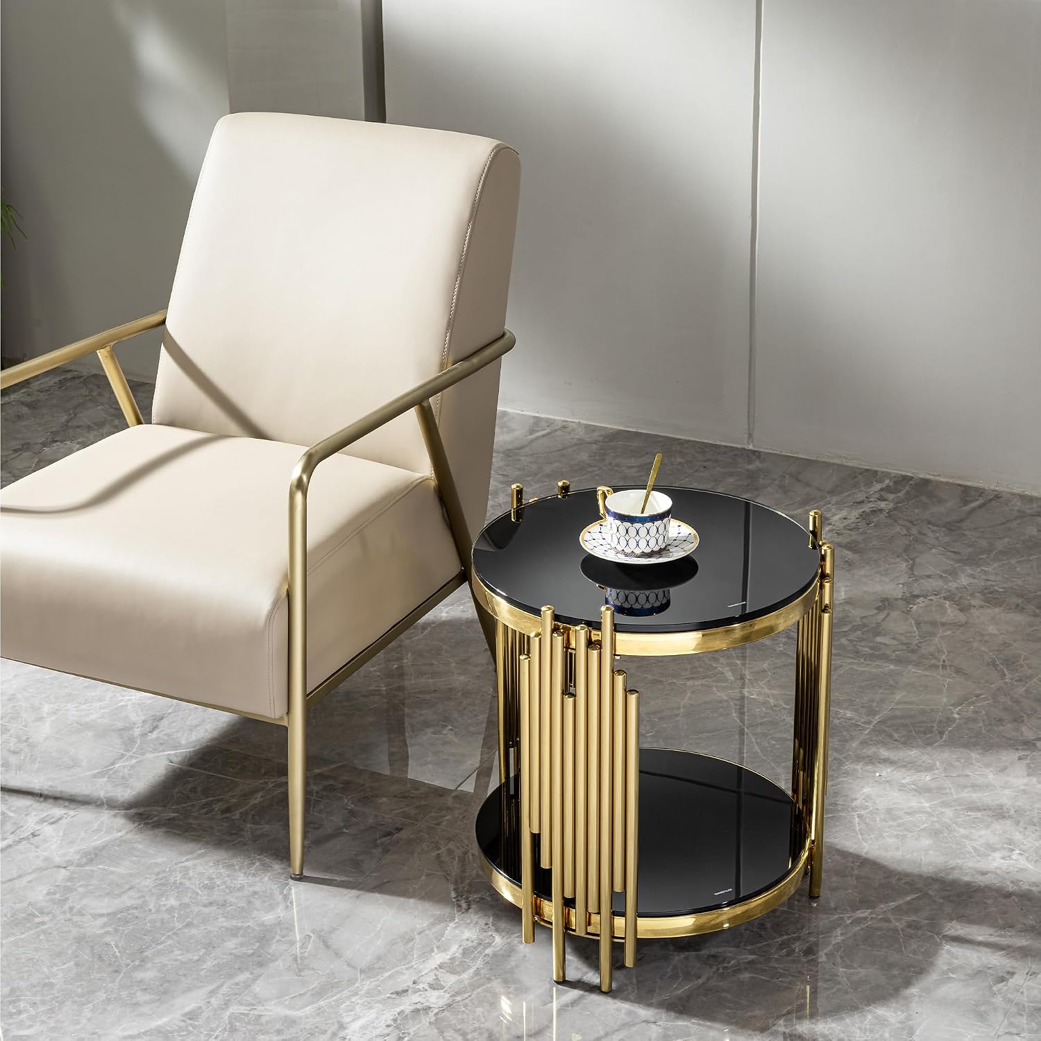 Gold Black End Table with Golden Stainless Steel Frame,Modern Glass Bedside Nightstand Table,Glass Cocktail Small Living Room Coffee Table