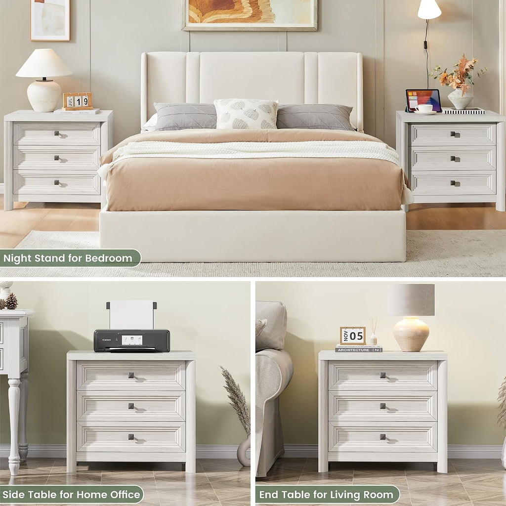 White Nightstand with 3 Drawers, Wood Night Stand with Metal Knobs, Farmhouse Bed Side Table for Bedroom, Modern End Table for Living Room Home Office Storage 1PC