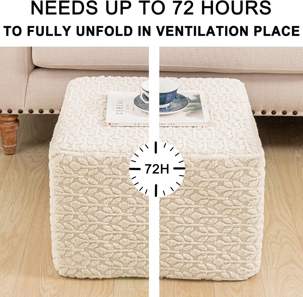 Square Stuffed Pouf Ottoman Poufs with One-Piece Seamless Foam Filling, Furry and Fluffy Pouf Foot Stool, 20 X 14 Floor Poufs Ottoman Foot Rest for Living Room (Cream)