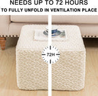 Square Stuffed Pouf Ottoman Poufs with One-Piece Seamless Foam Filling, Furry and Fluffy Pouf Foot Stool, 20 X 14 Floor Poufs Ottoman Foot Rest for Living Room (Cream)