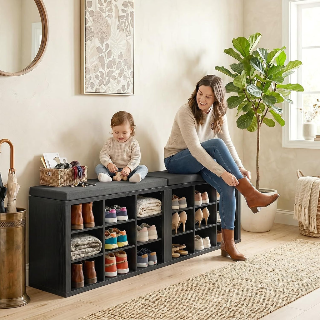 Shoe Rack Bench, Shoe Storage Bench with Cushion, Shoe Organizer 18 Cubbies for Entryway Hallway Bedroom Living Room, Holds Up to 400lbs